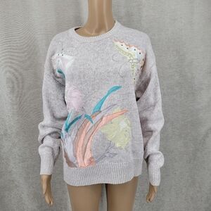 Vintage Light Mauve Flower Butterfly Appliqué Crew Neck Crewneck Sweater 80s